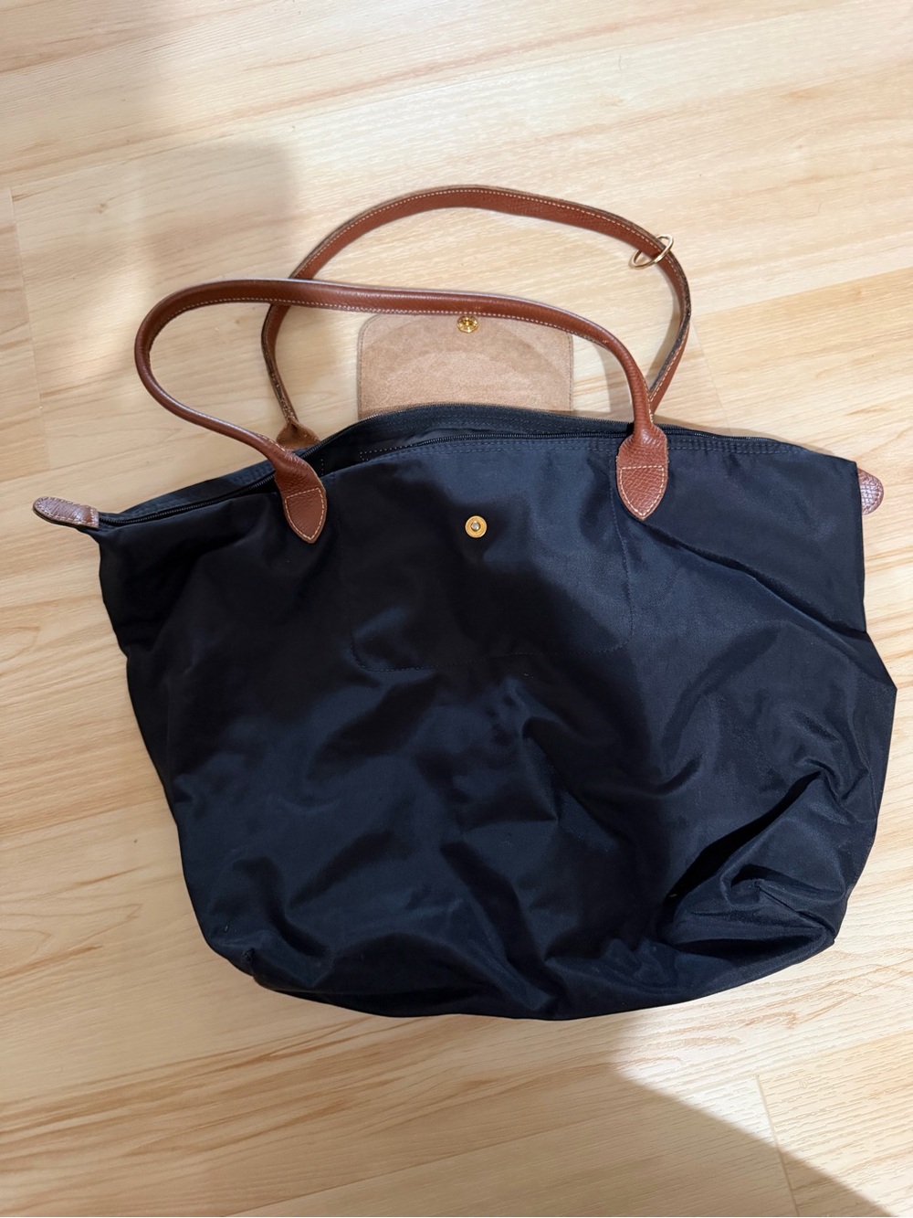 Longchamp Black Nylon Tote with Brown Leather Handles